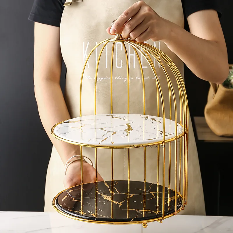 

Golden Marble Tableware Dessert Plate Ceramic Double Cake Tray Cosmetic Desktop Storage Tray Afternoon Tea Dessert Display Rack