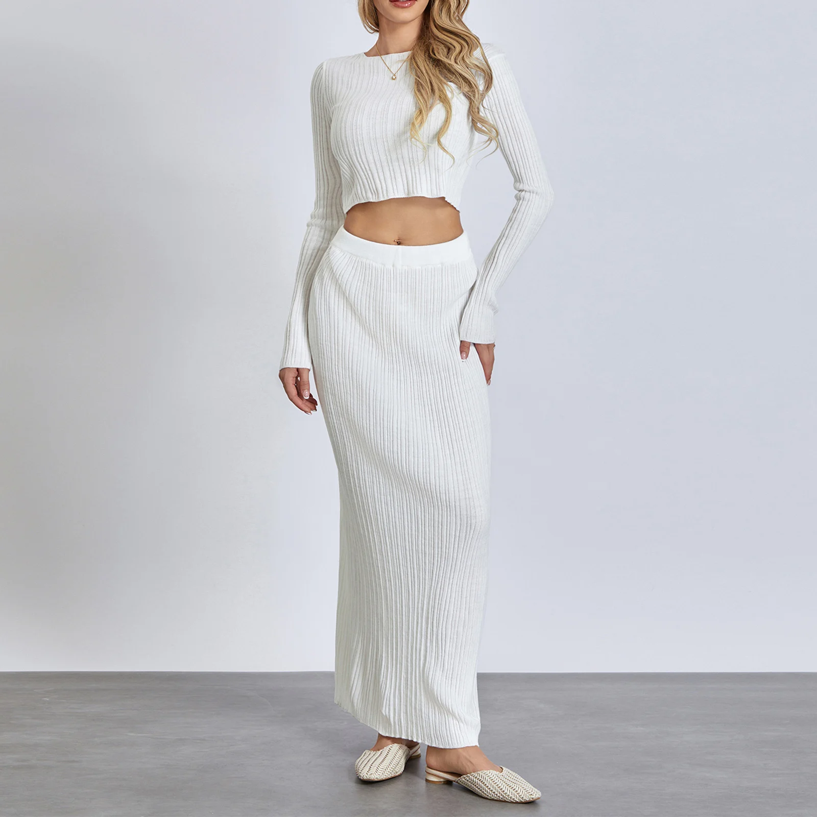 

Women Skirts Sets Fashion Elegant 2pcs Clothes Sets Solid Color Long Sleeve Knit Crop Tops and High Waist Long Skirts Streetwear