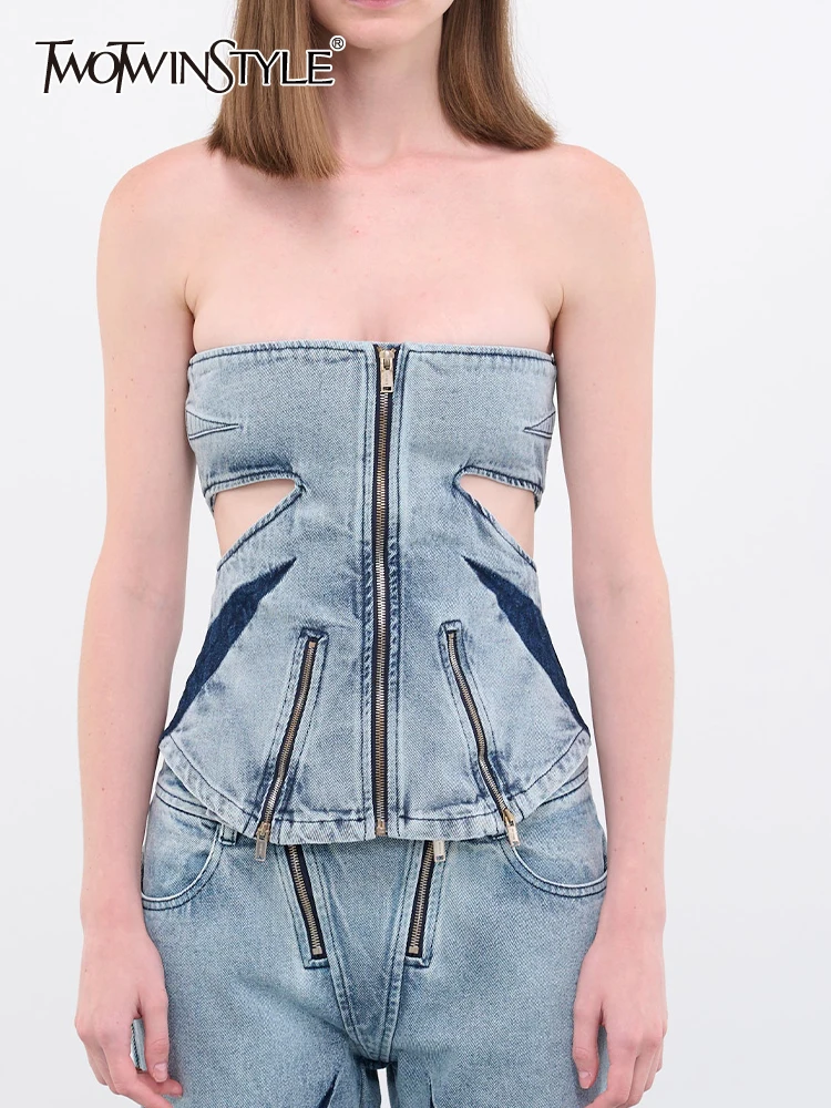 

TWOTWINSTYLE Slim Hollow Out Patchwork Zipper Denim Vests For Women Strapless Sleeveless Tunic Summer Sexy Vest Female Fashion