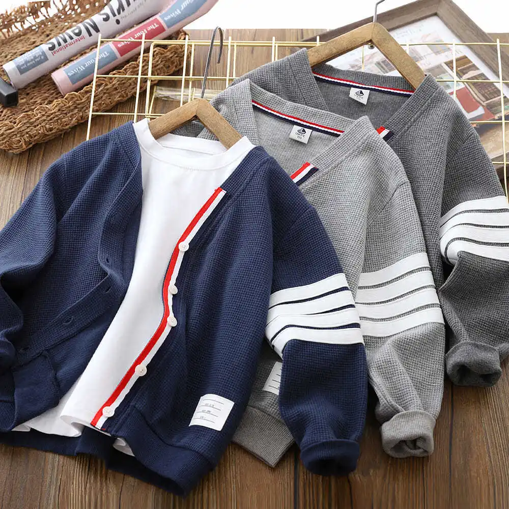 Boys' Cardigan Coat Spring and Autumn Medium and Big Children  New Casual Top Korean Super Hot Knitwear Western Style