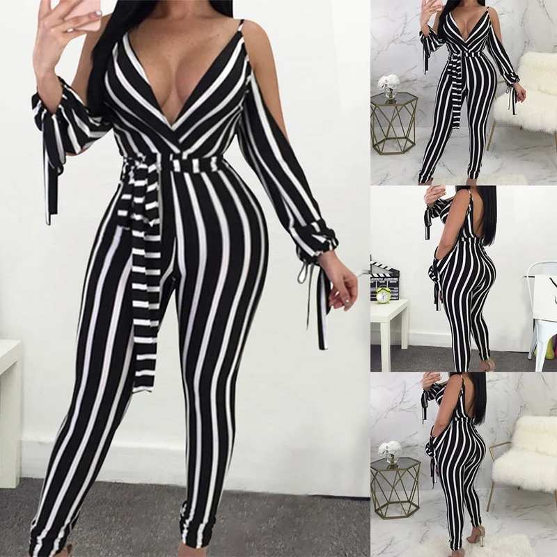 

Striped Sexy Spaghetti Strap Rompers Womens Deep V Neck Jumpsuit Long Sleeve Backless Casual Slim Jumpsuits Overalls
