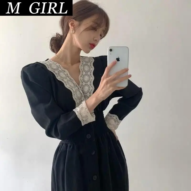 

M GIRLS Long Sleeve Dress Women Hepburn French Style Elegant Classy Aesthetic Mujer 2020 Newest Popular Lace Patchwork V-Neck Bl