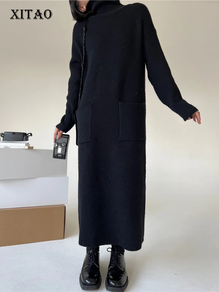 

XITAO Big Pocket Dress Knitted Small Fresh Black Goddess Fan Full Sleeve Minority Loose 2022 Winter Elegant Dress SMH1115