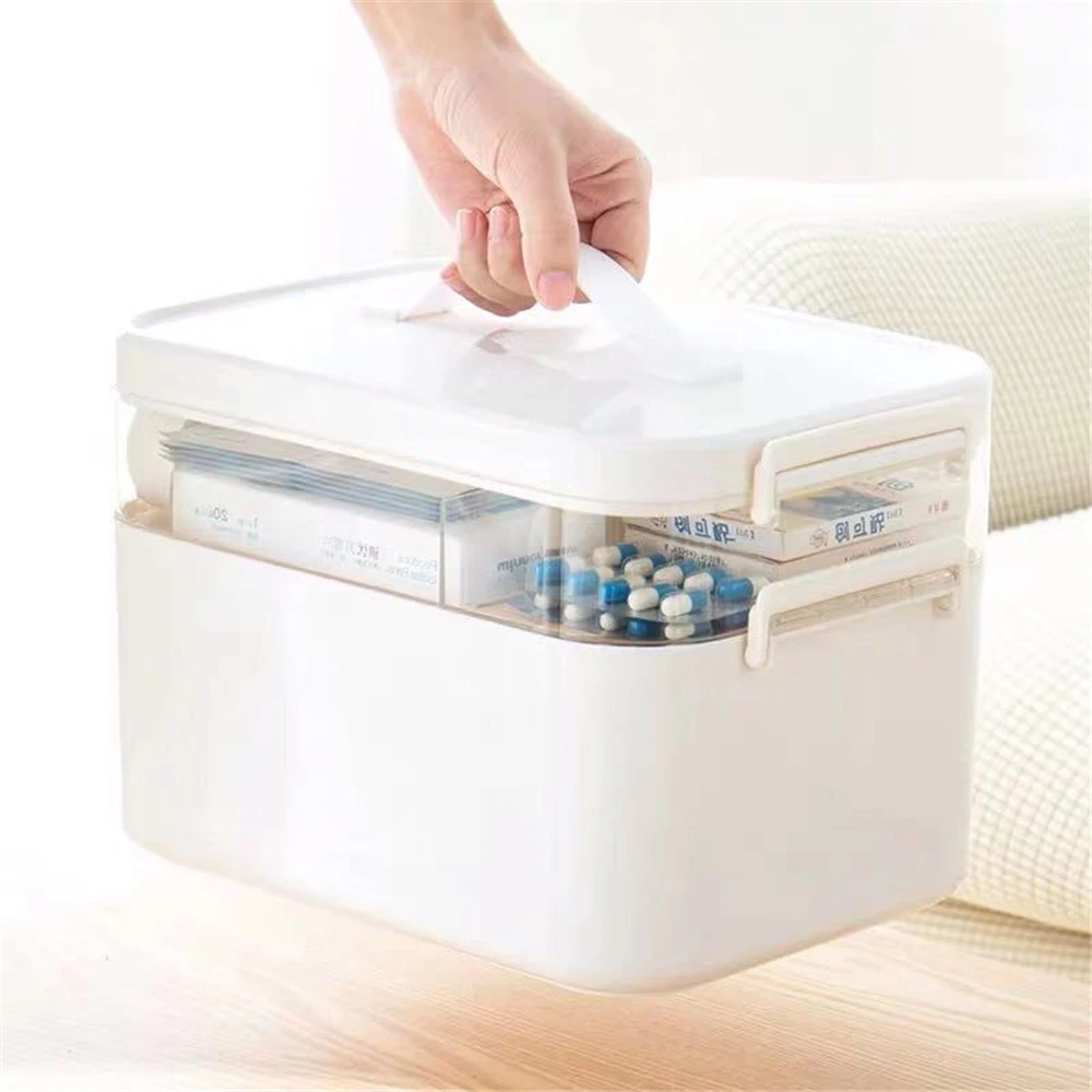 

2 Layers Family First Aid Medical Kit Container Multipurpose Plastic Storage Box Portable Medicine Organizer with Compartments