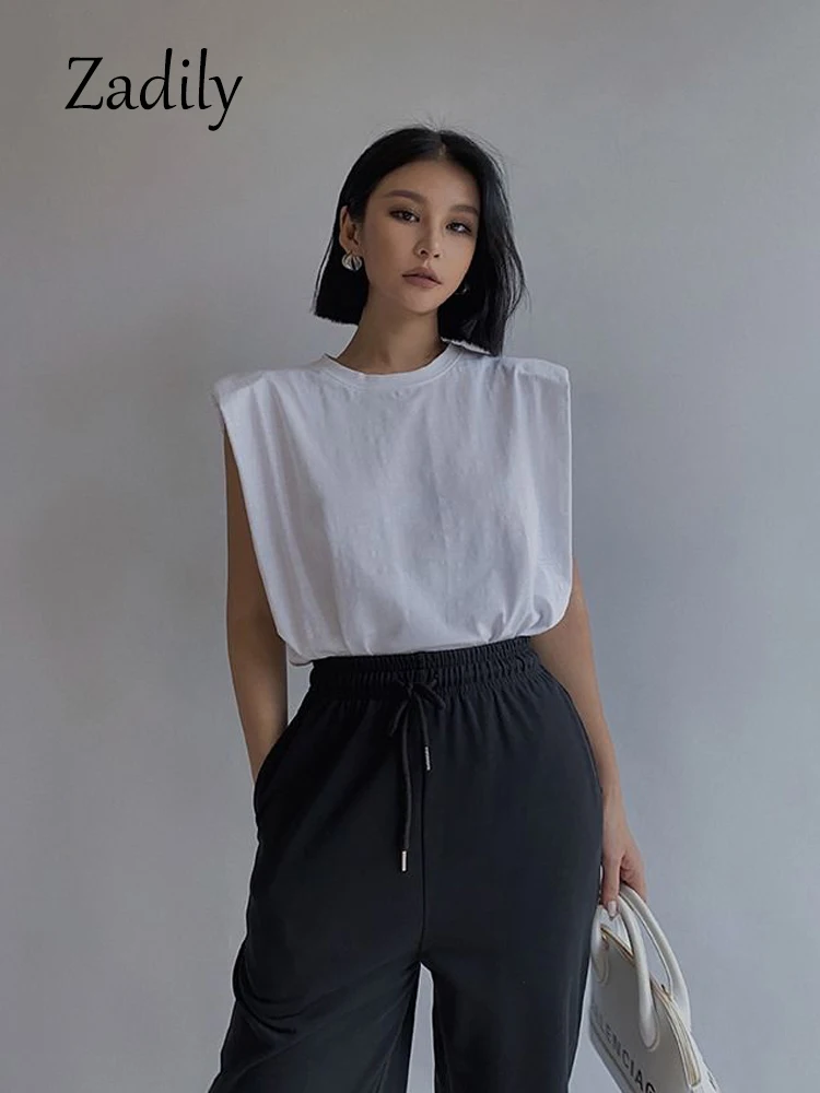 100% хлопок белая женская Футболка с рукавами минималистичные плечевые накладки