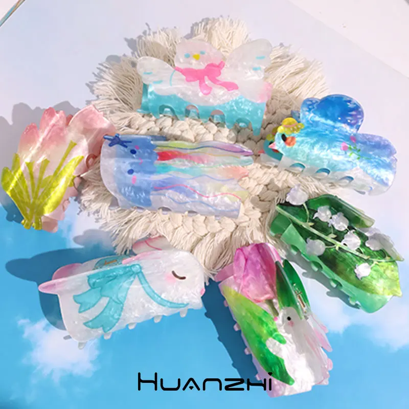 Ful Printing Ocean Animal Bird Jellyfish Pink Flower Rabbit Bell Orchid Hair Claws For Women Headwear