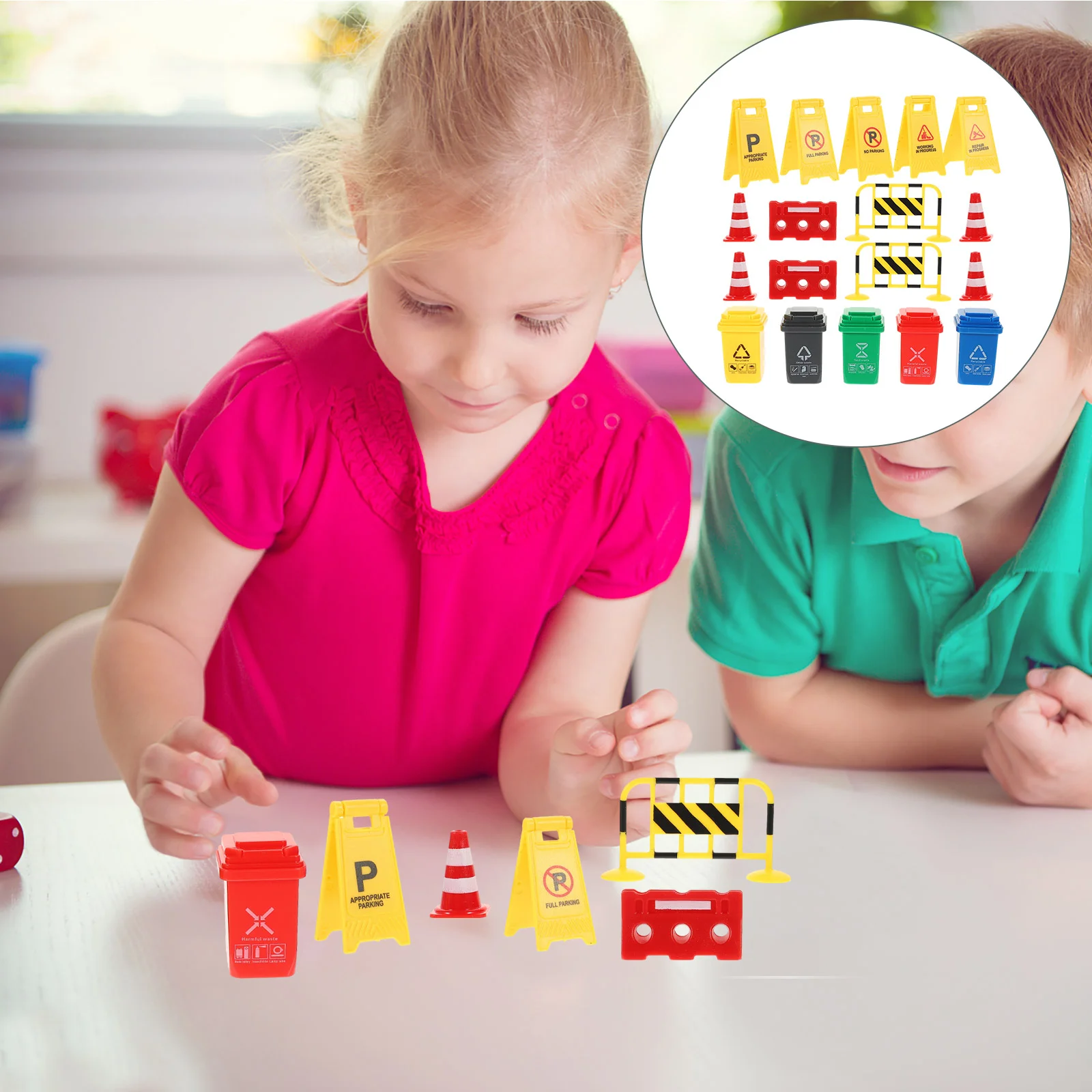 

Transportation Toy Model Street Roadblock Trashcan Traffic Signs Barricades Cone Garbage Kids Cognitive Toys