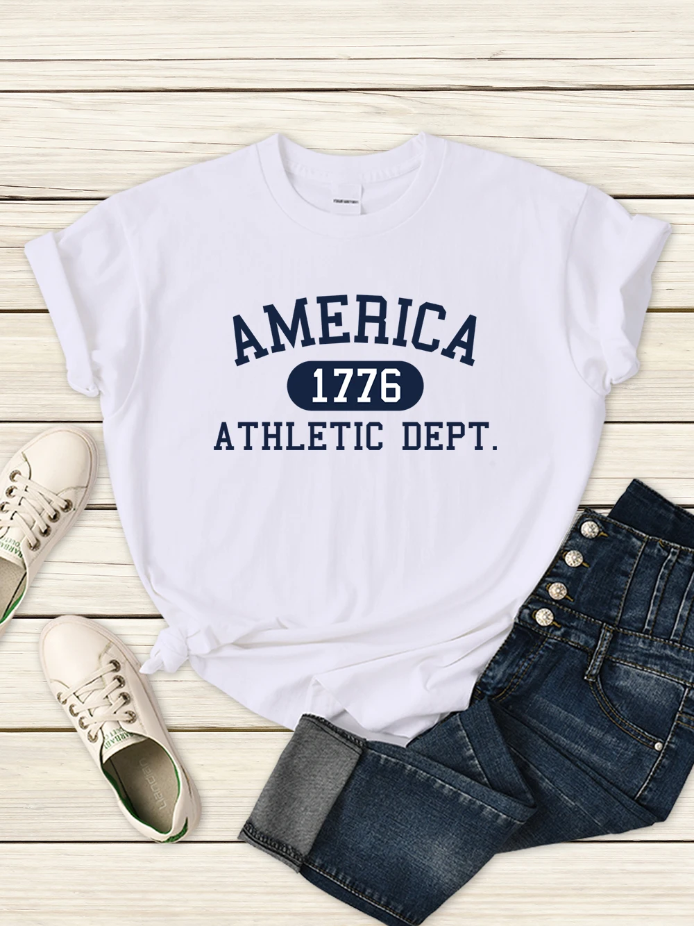 

America 1776 Athletic Dept Letter T-Shirt Women Casual Round Neck T Shirt Daily Breathable Clothing Fashion Hip Hop Short Sleeve