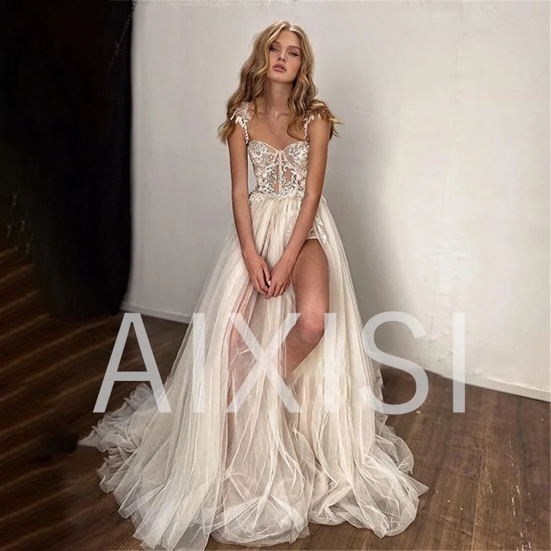 

Exquisite Wedding Dresses Appliques Vestidos De Novia Spaghetti Straps Sleeveless Luxury Robe de mariee Charming High Side Slit