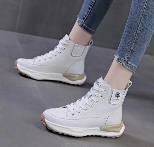 Women Small White Shoes All-Match Soft Sole High-Top Genuine Leather Plus Cashmere Ladies Shoes Autumn Winter Students Footwear