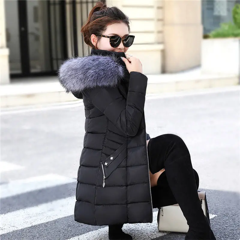 Women's Fashion Winter Jacket Pure Cotton Pure Color Hooded Large Fur Collar Warm Thick Casual Loose Parka Coat Jacket