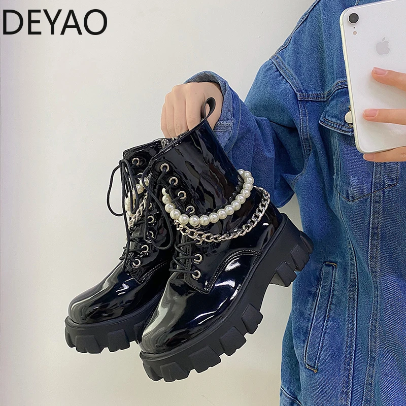 

2022 New Chunky Motorcycle Short Boots Women Fashion Pearl Flats Heels Round Toe Ankle Zippers Autumn Winter Shoes Female