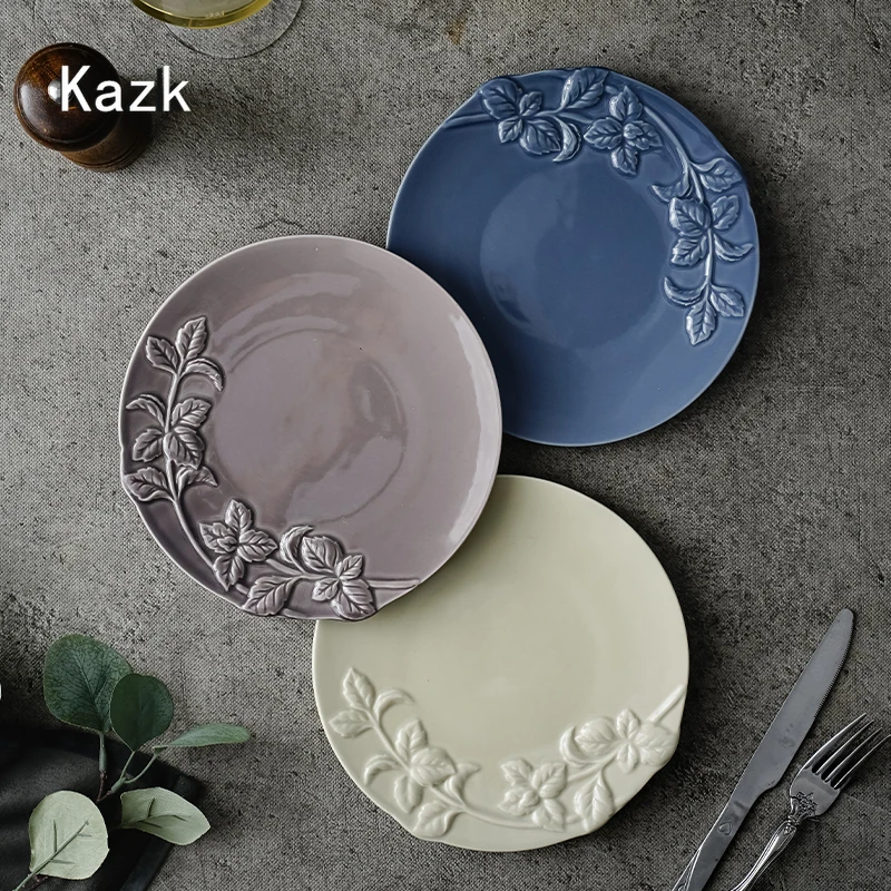 

Creative Leaf Relief Ceramic Plate Home Dining Table Steak Dinner Plates Breakfast Dessert Dishes Retro Kitchen Tableware Dish
