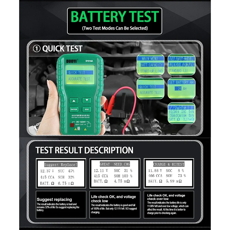 DUOYI DY219A тестер автомобильного аккумулятора 12 В/24 В 100-1700CCA цифровой анализатор