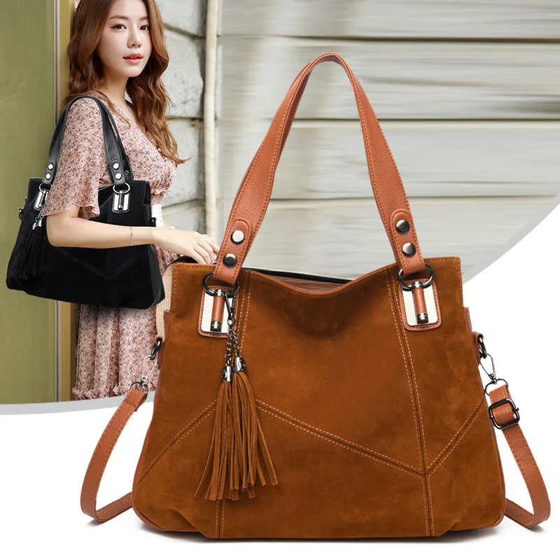 

High Quality Women Tote Soft Suede Surface Leather Shoulder Crossbody Bag Luxury Tassel Handbag Large Capacity Ladies Tote