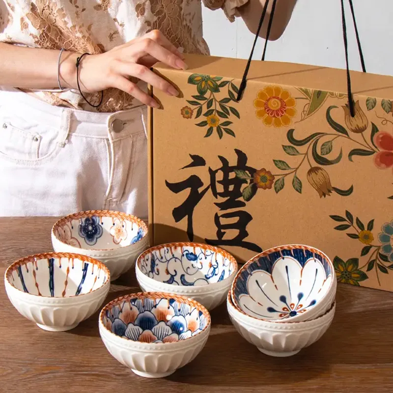 

Japanese Tableware Ceramic Bowl Household New Rice Bowl 6-piece Eating Bowl Gift Box Kitchen Accessories Noodles Bowls