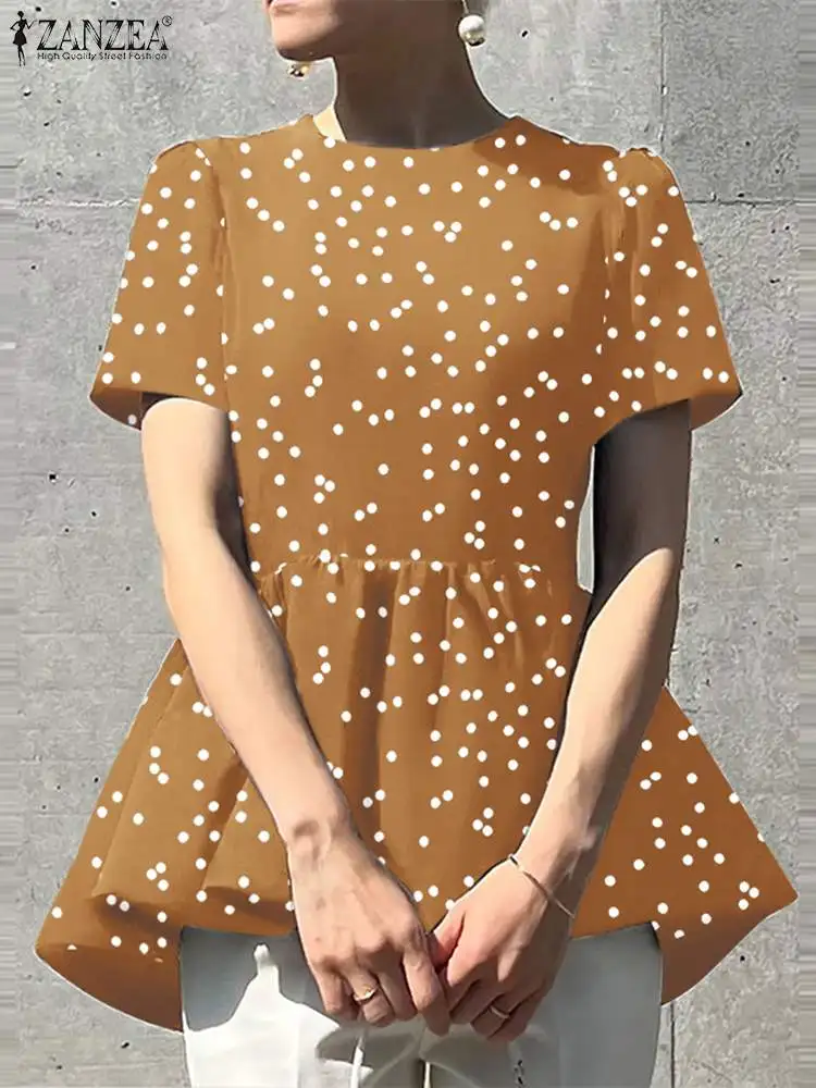 

Блузка ZANZEA женская с асимметричным подолом, элегантный повседневный топ с коротким рукавом в горошек, с баской и оборками, модная рубашка, л...