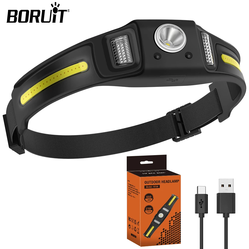 BORUiT GT30 LED Headlamp Lntelligent Induction Headlights Silicone Head Flashlight USB-C Rechargeable Lights For Camping Walking