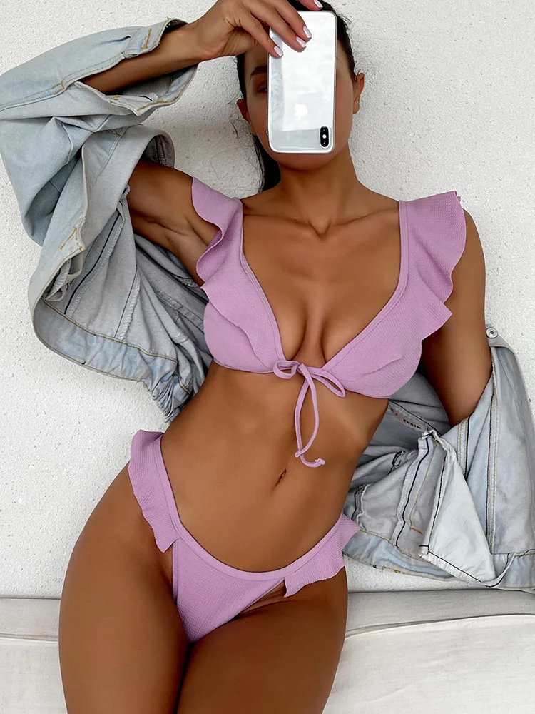 

Ruffled Brazilian Bikini Set Sexy V Neck Swimsuit Women String Cheeky Thong Swimwear 2022 Bathing Suit Two Piece Beach Summer