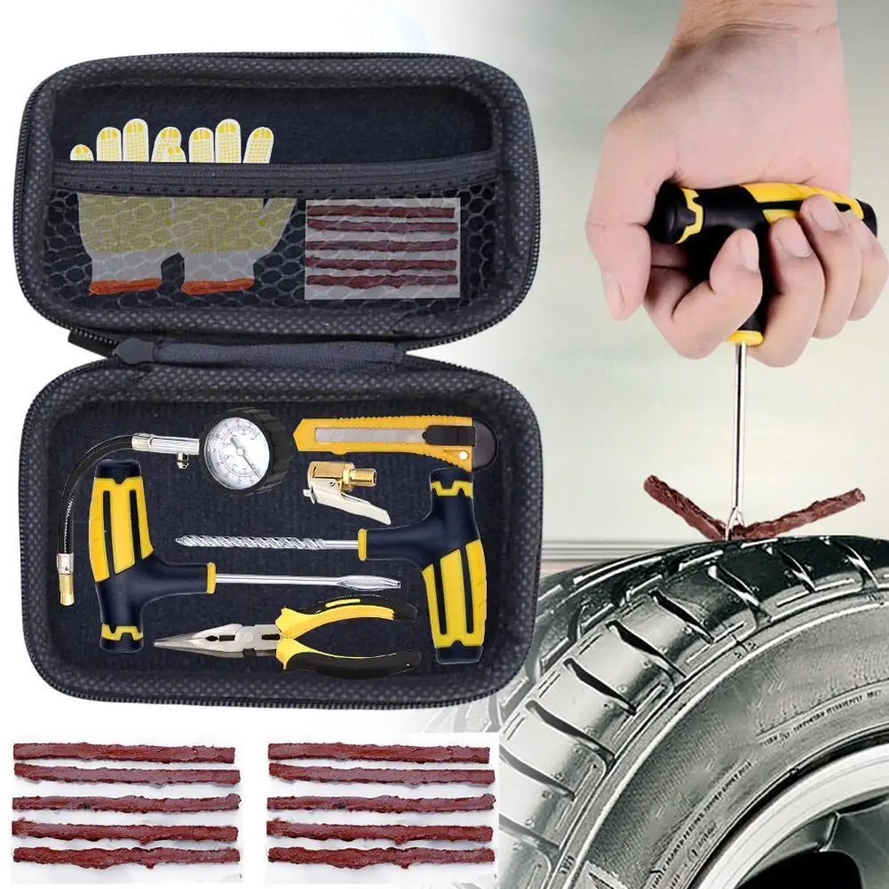 

Car Motorcycle Bike Tire Repair Tool Kit Tubeless Tyre Puncture Emergency Repairing Studding Plug With Seals Glue Rubber Stripes