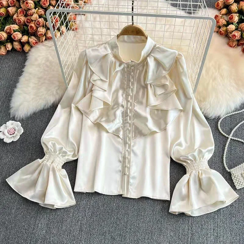 Court style quality horn sleeve stand collar acetic acid Satin shirt French design sense of foreign style loose top women