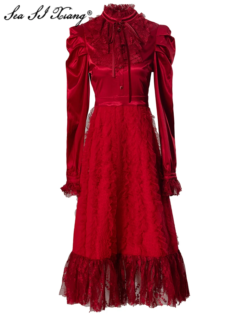 Женское дизайнерское длинное платье Seasixiang однотонное винтажное с