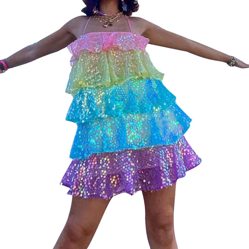 

Rainbow Sequin Dress Women Sparkly Spaghetti Strap Sleeveless Backless Cami Dress Fairy Grunge Layered Ruffle Dress y2k Clothes
