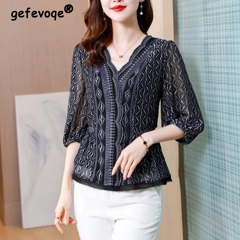 

Women's Clothing Retro Ethnic Style Print Embroidery Elegant Blouse Summer Fashion V Neck 3/4 Sleeve Shirt Slim Chic Tops Blusas