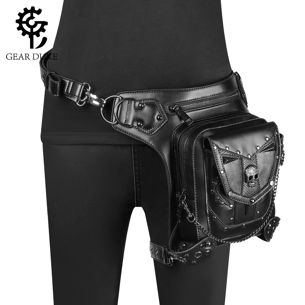 High End Steampunk Skull Waist Packs Punk Retro Rock Gothic Goth Rivet PU Shoulder Bag Women Leg Thigh Bag Hip Hop Waist Bags