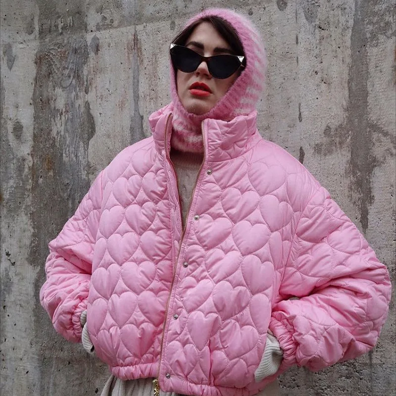 Street Wind Stand Collar Love Embossed Jacket Female 2022 Autumn and Winter Long-Sleeved Hundred with Warm Casual Cotton Jacket