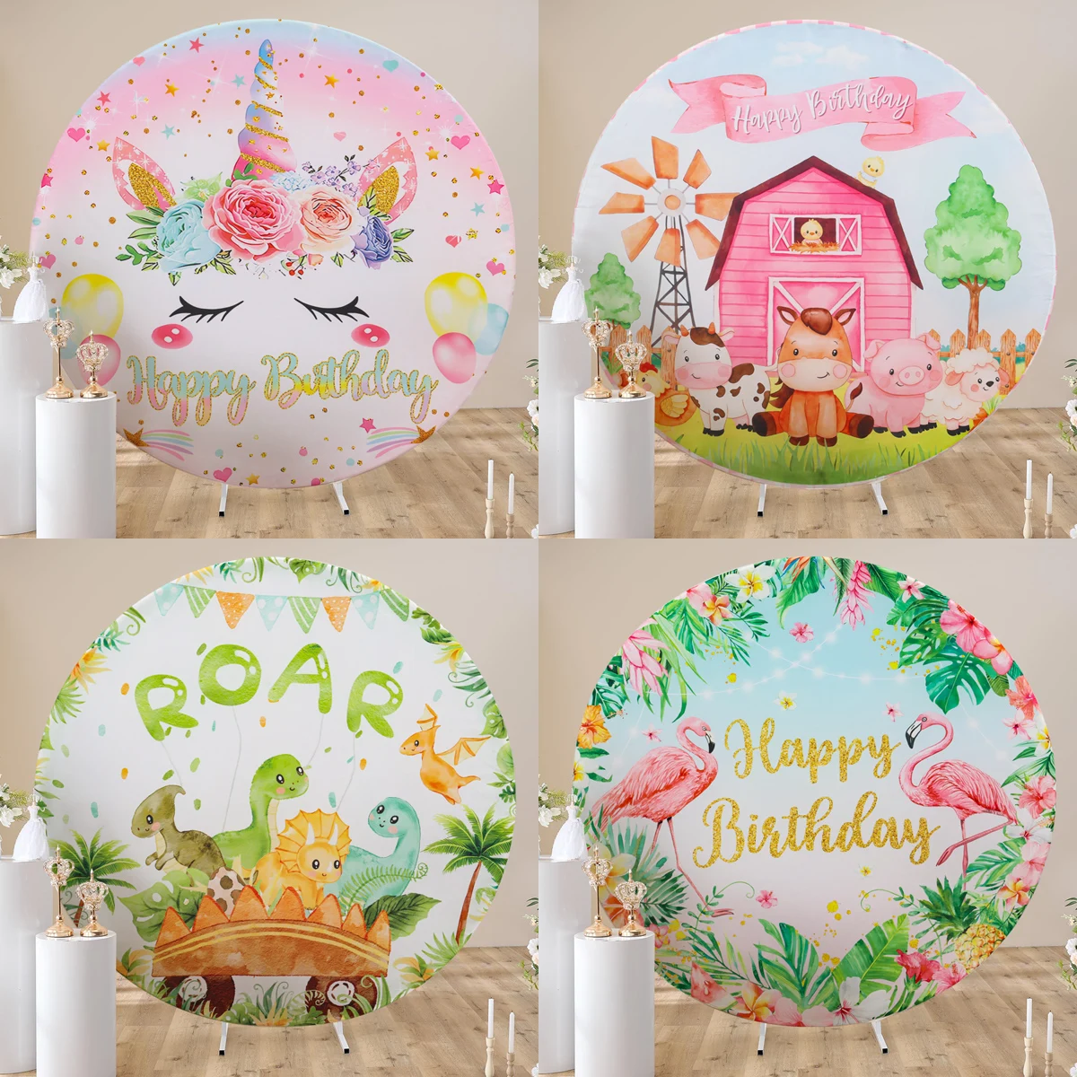 Круглый день Рождения Вечеринка фоны Единорог динозавр Фламинго ферма животные