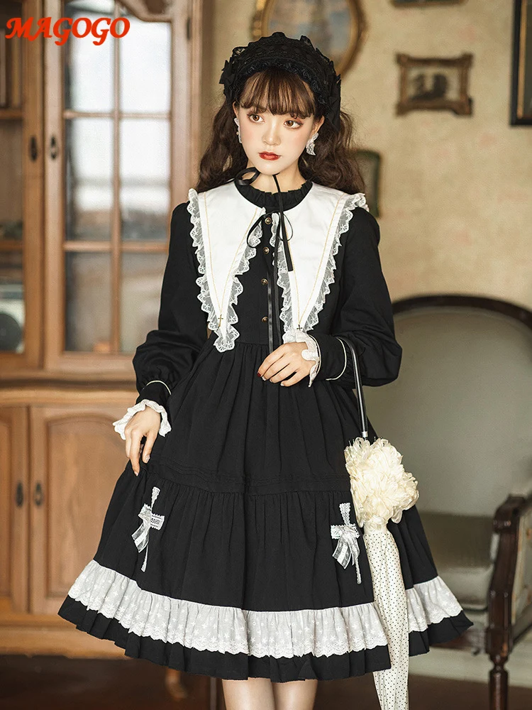 MAGOGO Cross Dark Gothic OP Lolita Dress Solid Color Simple Long-sleeved Dress Autumn Winter