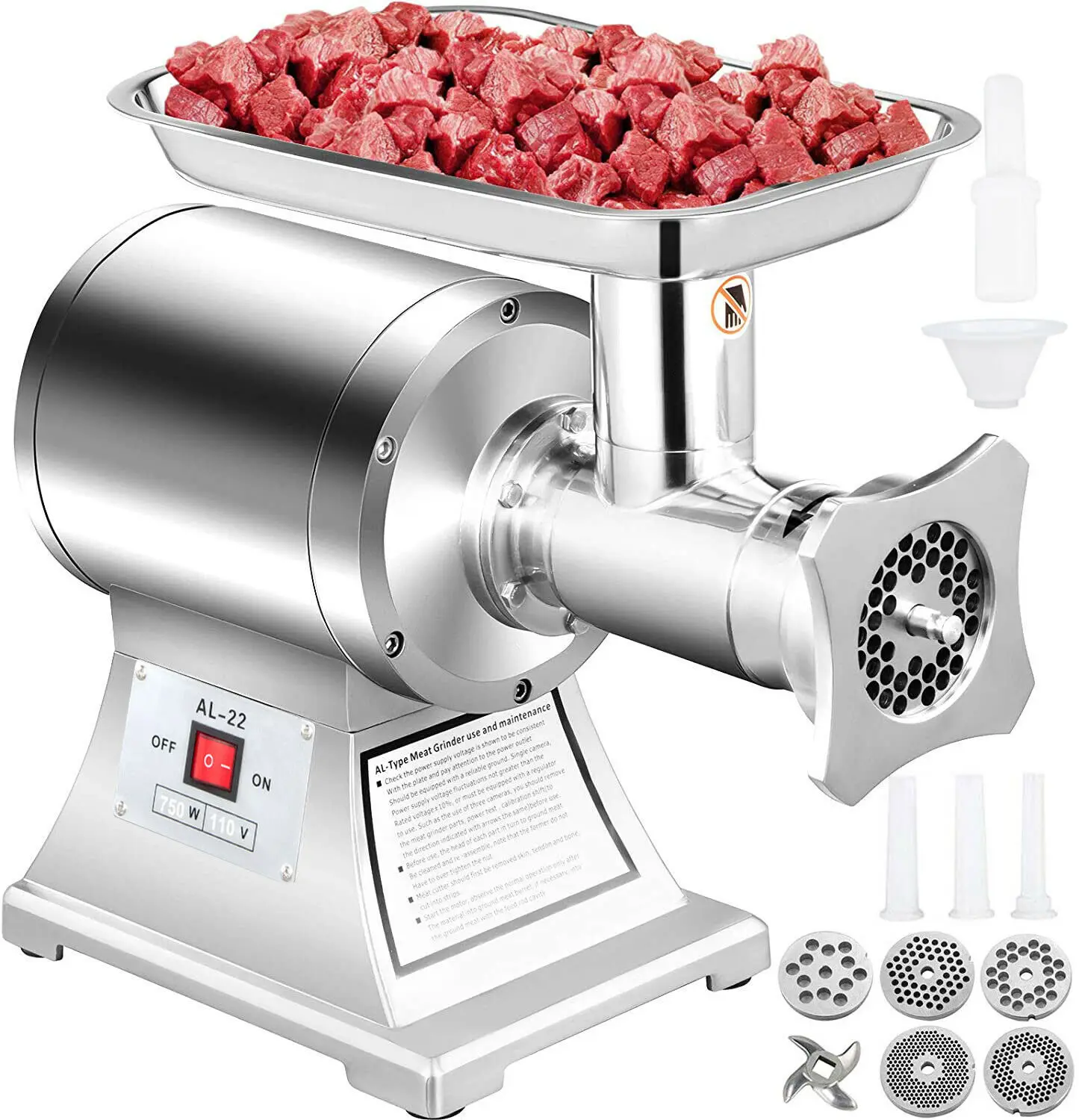 

250kg / h 1HP 750W Electric Meat Grinder Kitchen Appliance Stainless Steel 225RPM Meat Grinder For Home or Industrial Use