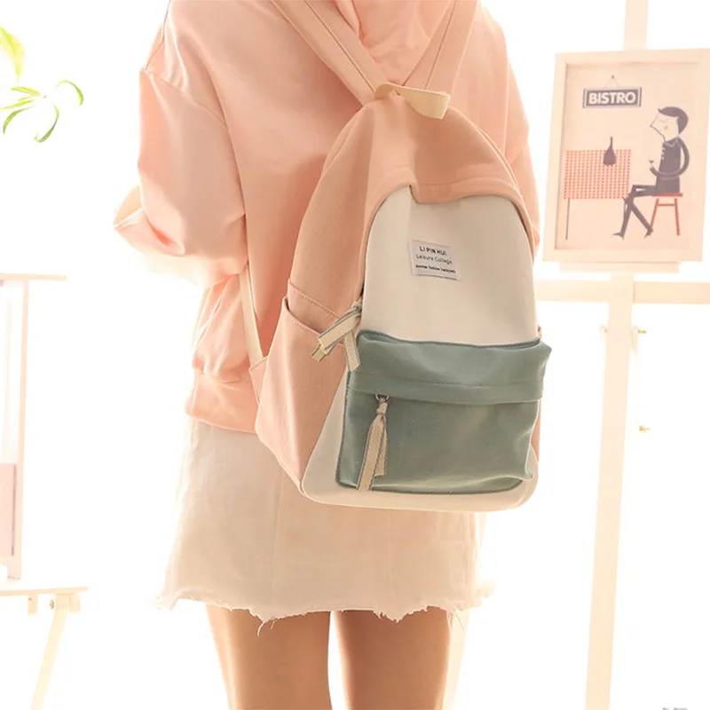 

Cute kawaii high-value canvas schoolbag female ins Sen series wild Japanese girl hit color stitching shoulder bag canvas bag y2k