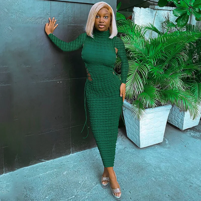 

Solid O-neck Sleeveless Maxi Dress Women Party Clubwear Autumn Winter Sexy Drawstring Side Hollow Out Lace-up Bodycon Dress