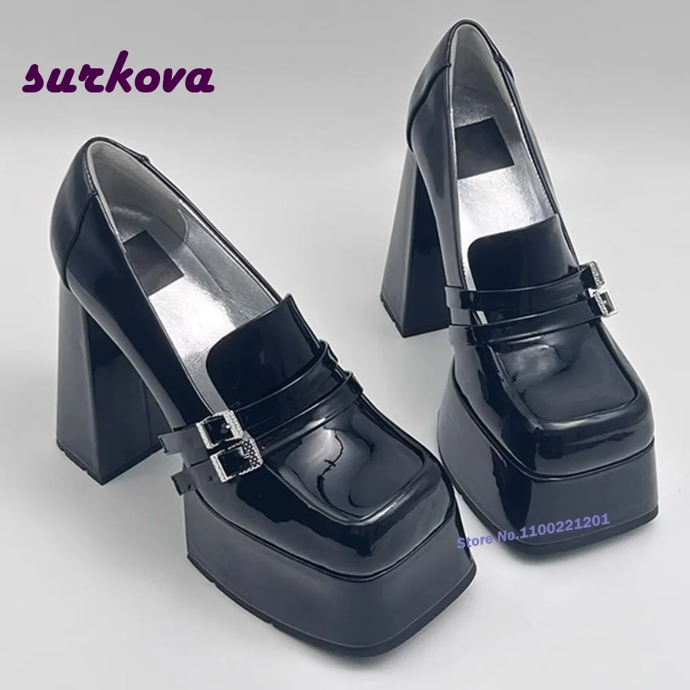 

Туфли-лодочки женские на платформе, высокий каблук, квадратный носок, пряжка, толстая кожа, лакированная кожа, Туфли Мэри Джейн, обувь для работы