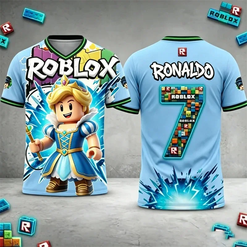 Фото Детская футболка Roblox с индивидуальным именем, 3D-принтом робота, коротким рукавом, повседневная, дышащая, спортивная, для мальчиков и девочек, летняя, подарок №1