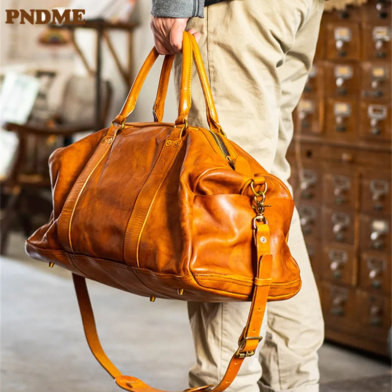 PNDME fashion vintage luxury genuine leather men's large-capacity travel bag organizer handmade first layer cowhide handbags