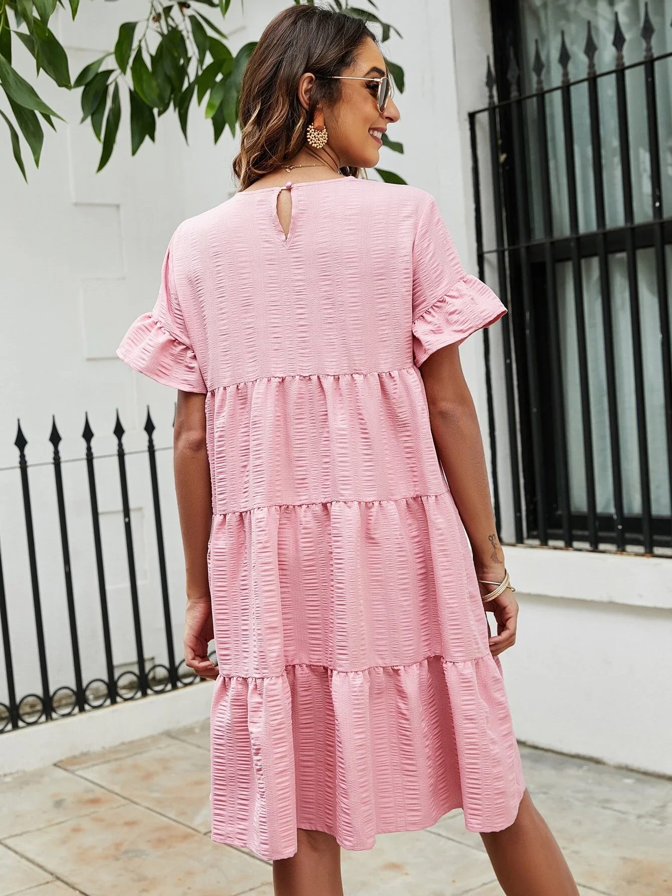 

y2kSolid Flounce Sleeve Smock Dress