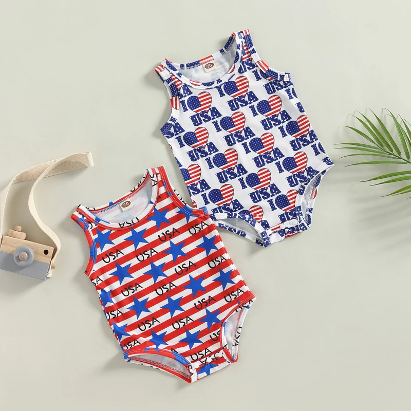 

Infant Baby Boy Girl Romper Sleeveless Round Neck Star Striped Print Short Jumpsuit Independence Day Casual Spring Summer Tops