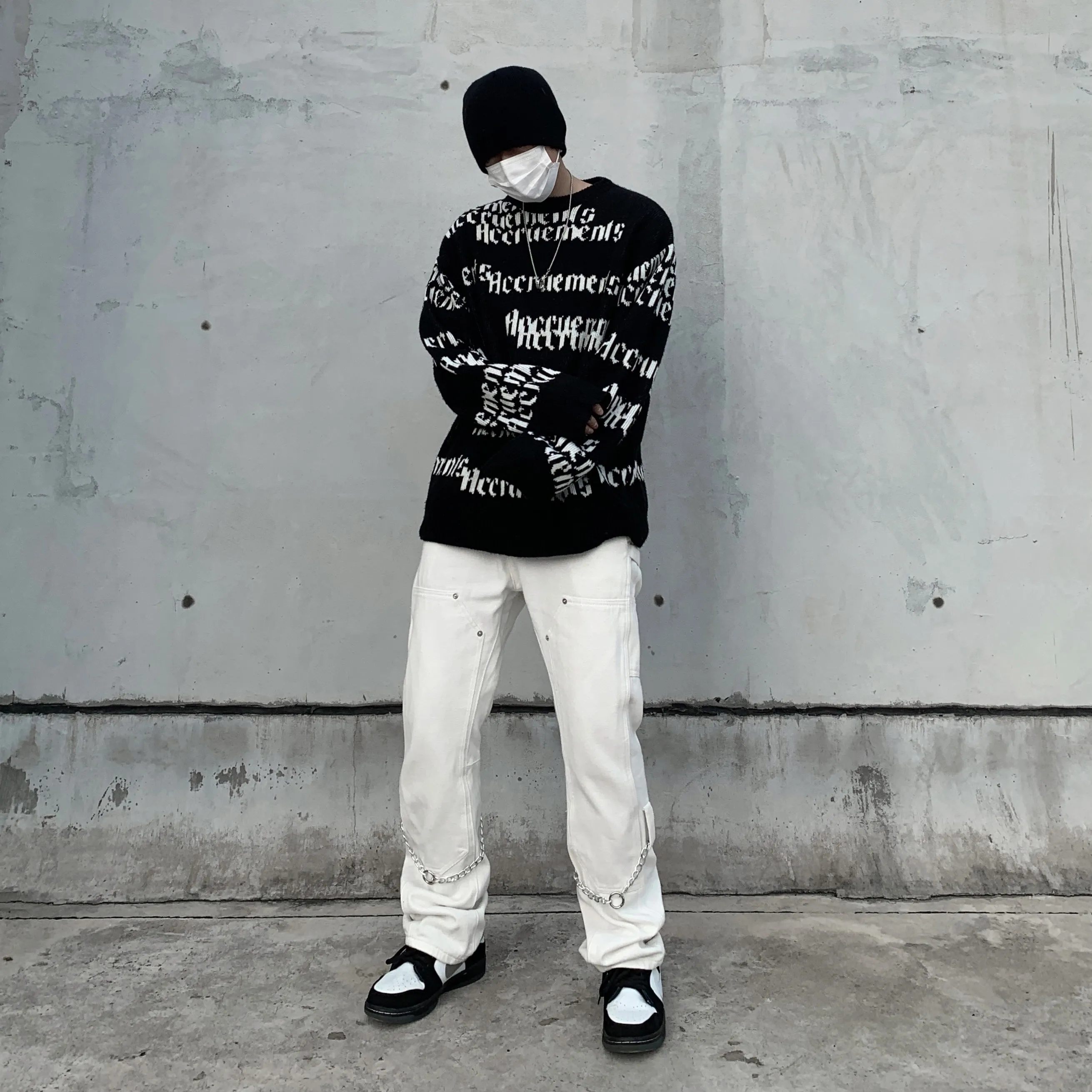 Men's Korean Casual Streetwear White Harajuku Vintage Jeans Graffiti Wide Leg Baggy Straight Denim Pants Trousers