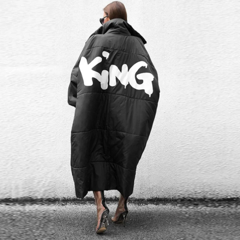 Winter Fashion Commuter Letter Print Long Loose Black Cotton Coat Women Winter Jacket Women
