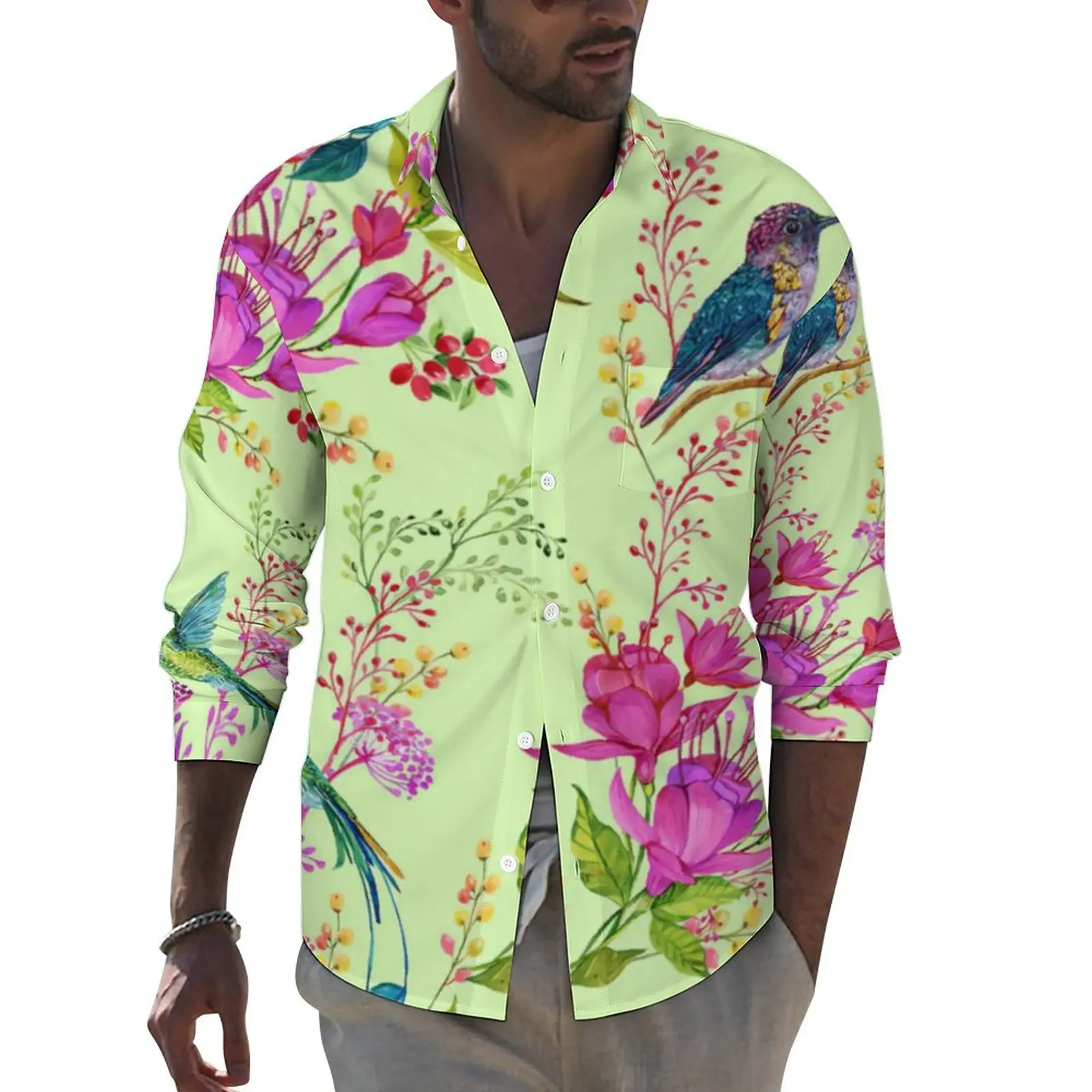 

Hummingbird Flower Shirt Autumn Botanical Art Casual Shirts Men Retro Blouses Long Sleeve Custom Stylish Clothes Big Size