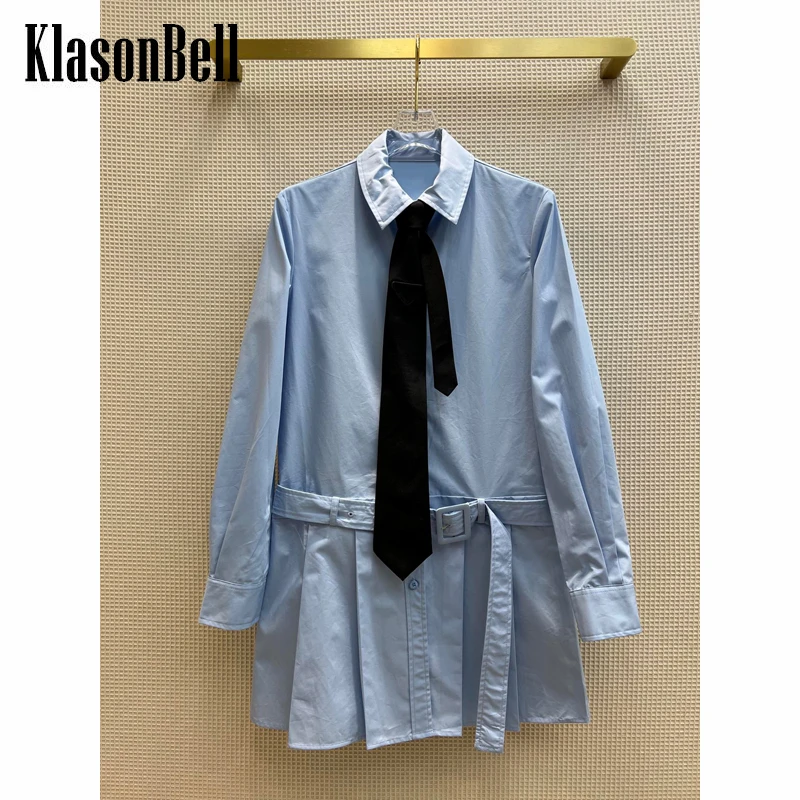 

7,14 KlasonBell с галстуком однобортное плиссированное платье с длинным рукавом для женщин