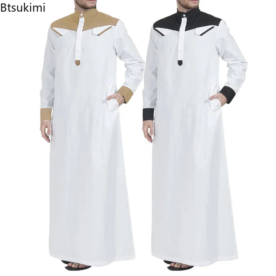 Muslim Men's Abayas Comfortable Men Kaftan Long Sleeve Contrast Color Muslim Clothing Mandarin Neck Muslim Robe for Middle East