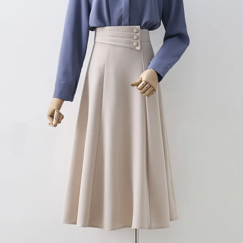 

2023 Spring Autumn New A Word Skirt Long Pleated Office OL Skirt Temperament Large Swing Casual Skirt Female