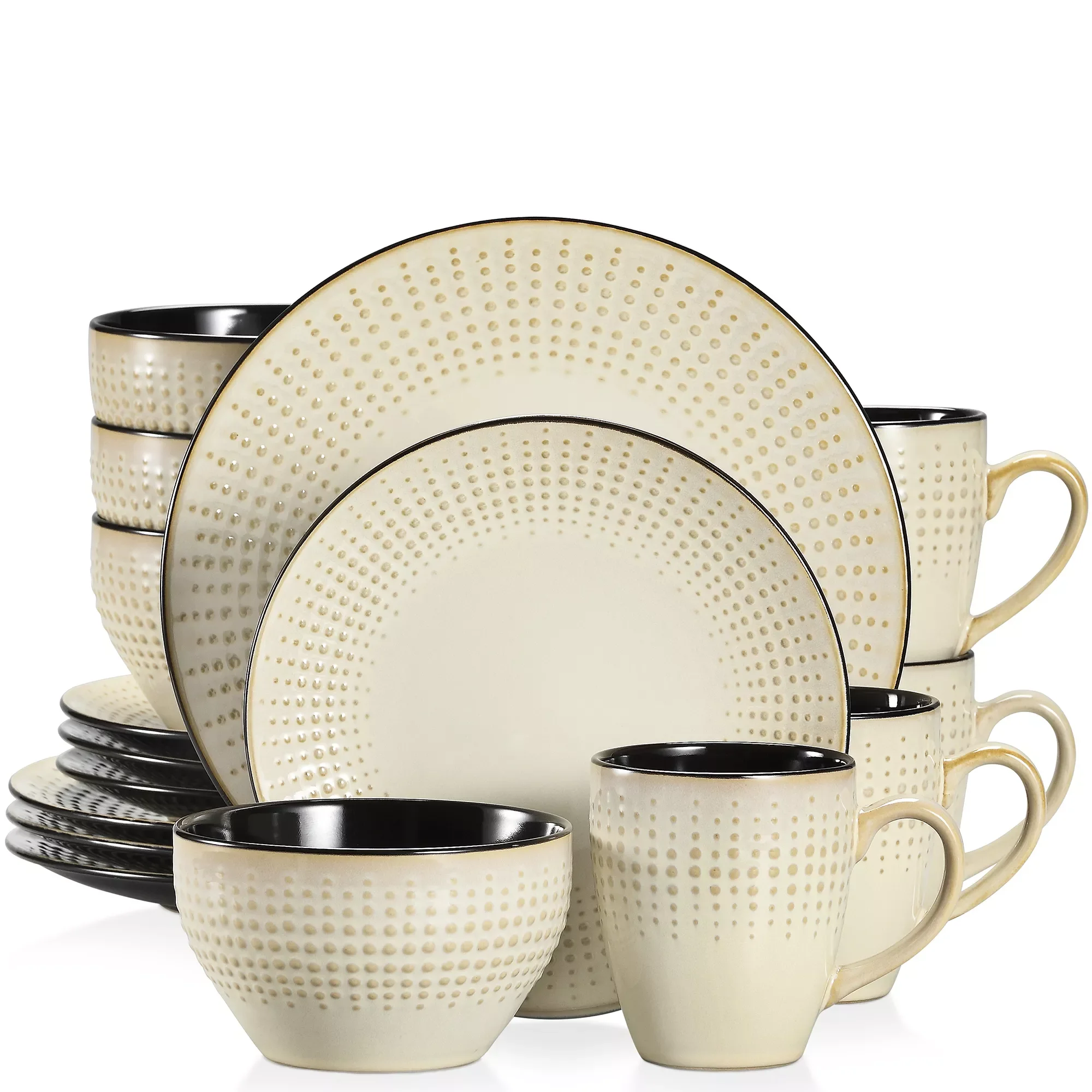 

GUTO 16/32/48 Piece Beige Embossed Stoneware Tableware Set with Dinner/Dessert Plate/Soup Bowl/Mug Service for 4/8/12