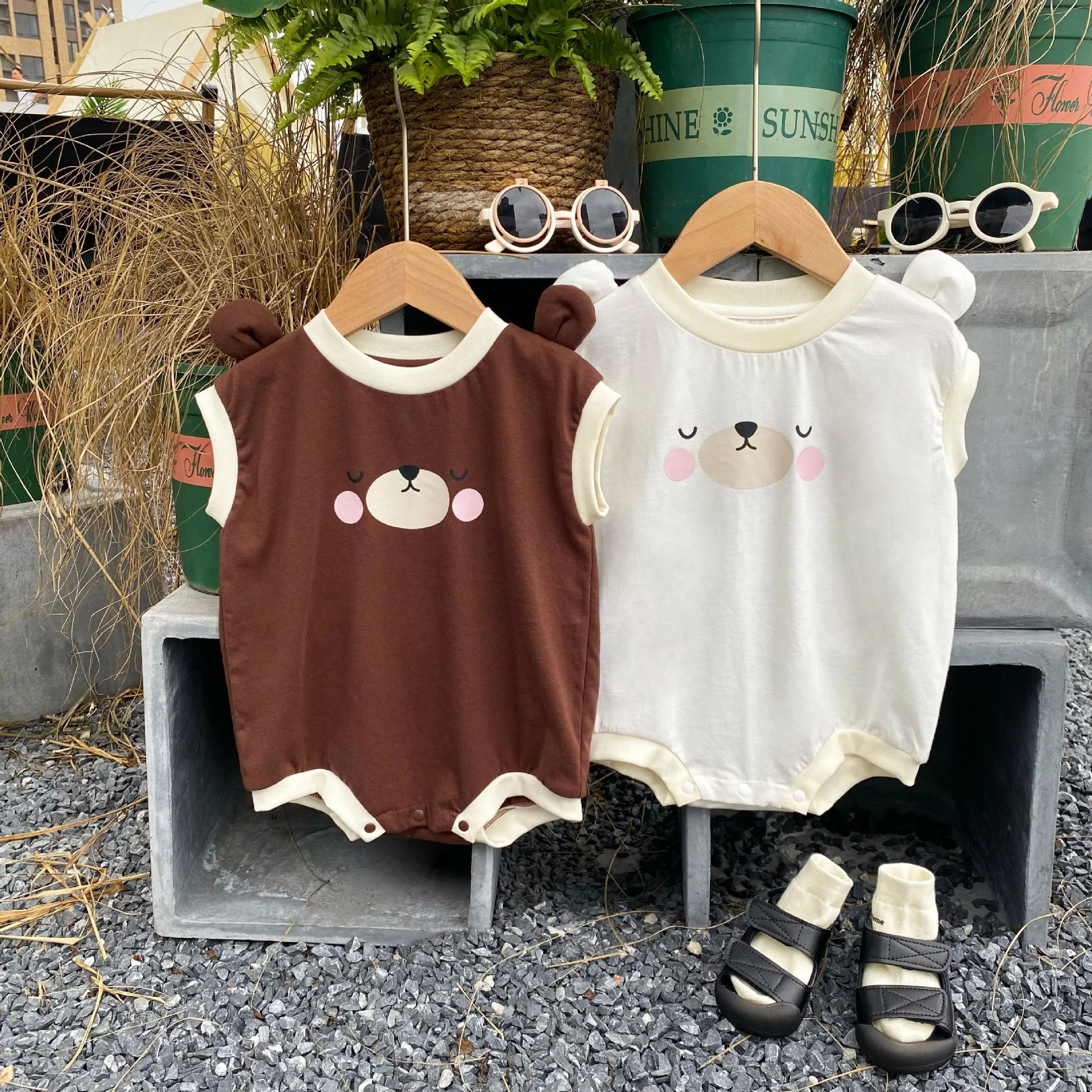 

2023 Summer New Baby Boy Cute Bear Shaped Clothes Toddler Sleeveless Bodysuit Cotton Infant Jumpsuit 0-24M