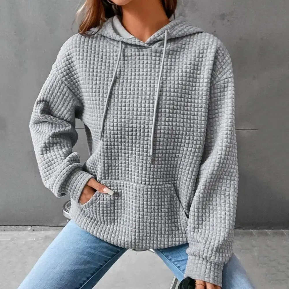 

Женская толстовка с капюшоном, однотонная Свободная Толстовка с длинным рукавом и эластичными манжетами на завязках, с накладным карманом и принтом вафель, на осень и зиму