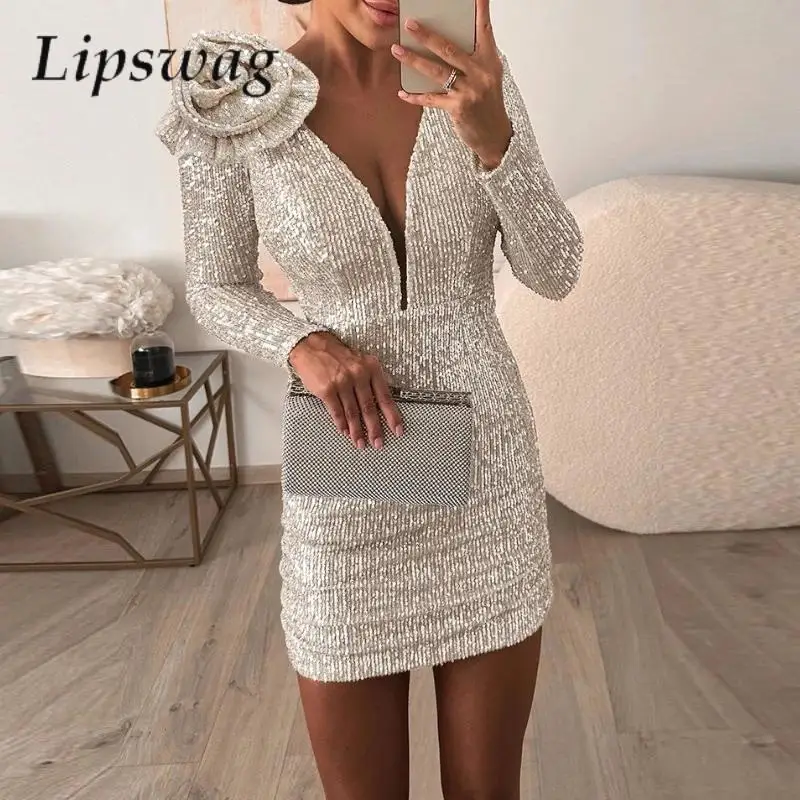 

Elegant Long Sleeve Shoulder Flower Mini Dress Fashion Lady Bodycon Slim Evening Gown Sexy Deep V Neck Women Sequins Party Dress